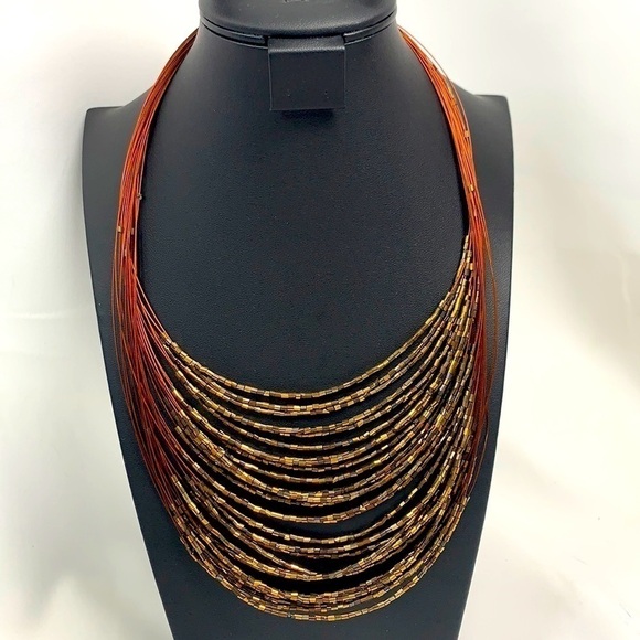 Gold Beaded Multi Strand Statement Necklace With Lobster Clasp, 10” Drop - Picture 1 of 6